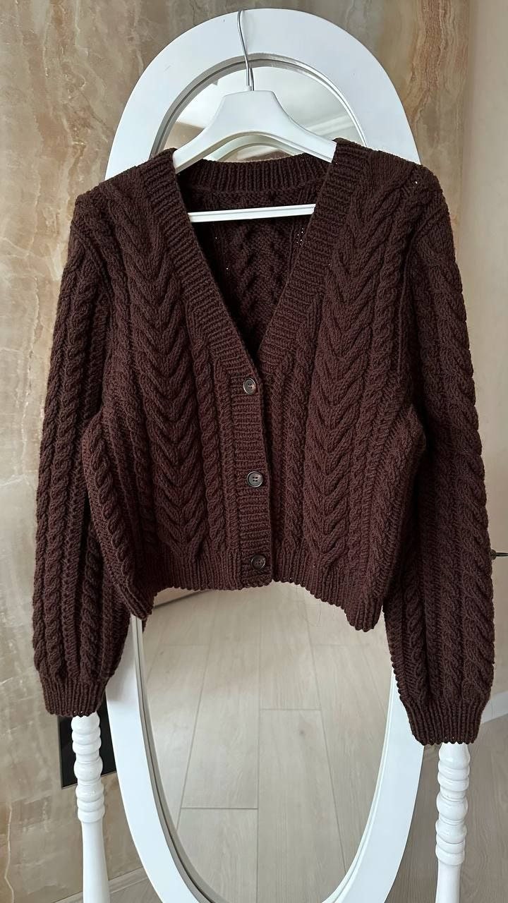Brown Cable Knit Cardigan Aran Wool Cardigan Hand Knit Wool