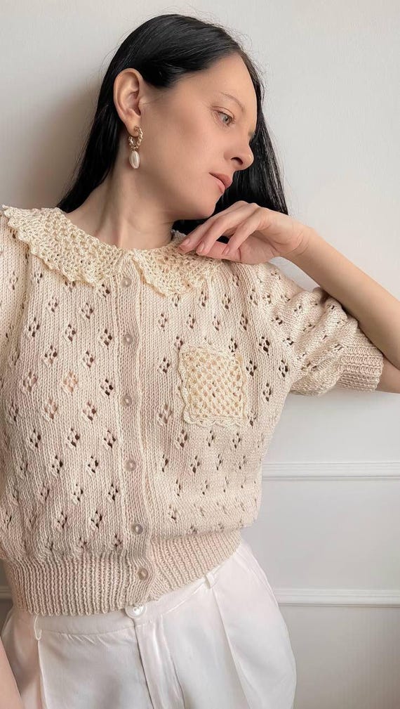Handmade cardigan with collar Organic cotton knit cardigan Cropped cardigan  sweater for women