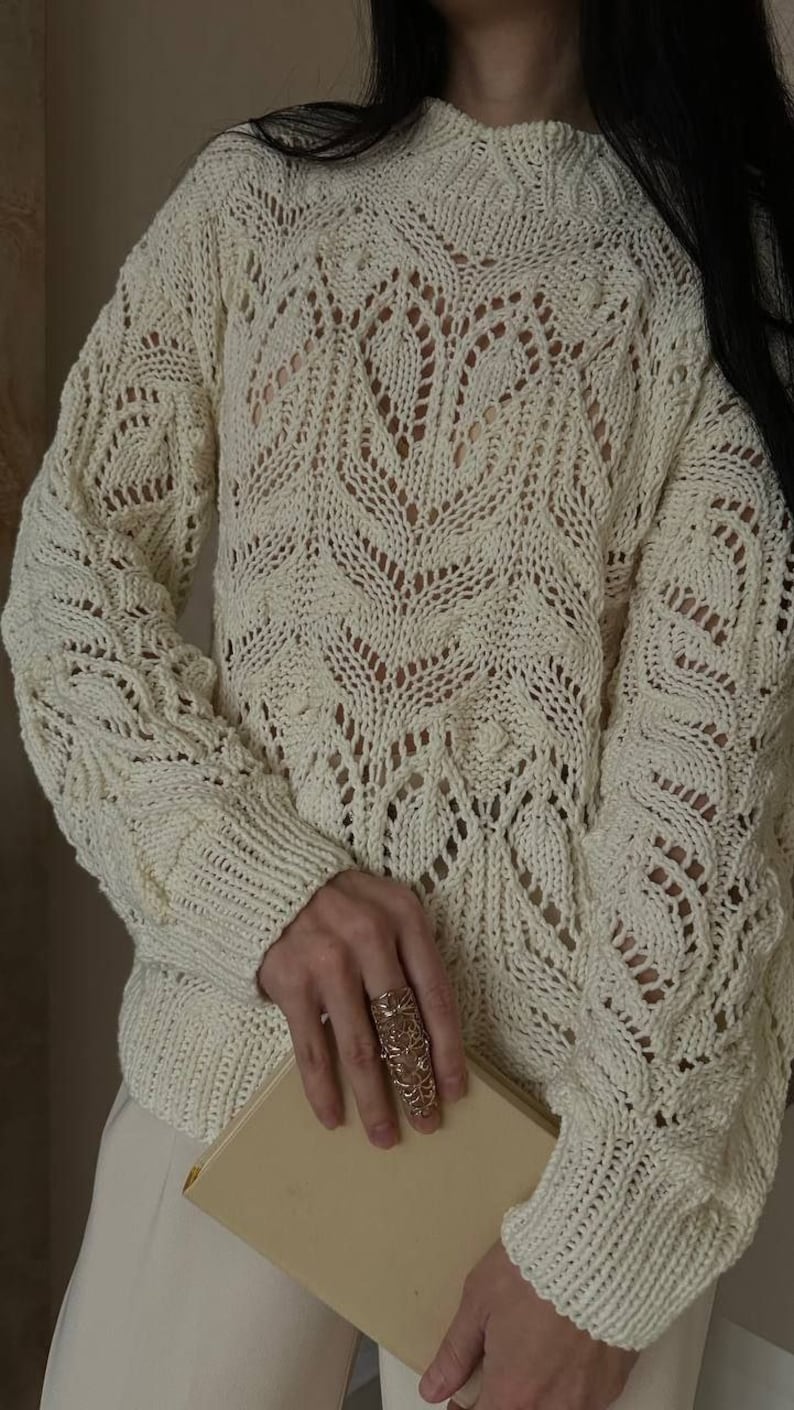 Chunky knit sweater cream Hand knit cotton sweater Knit lace sweater for women image 4