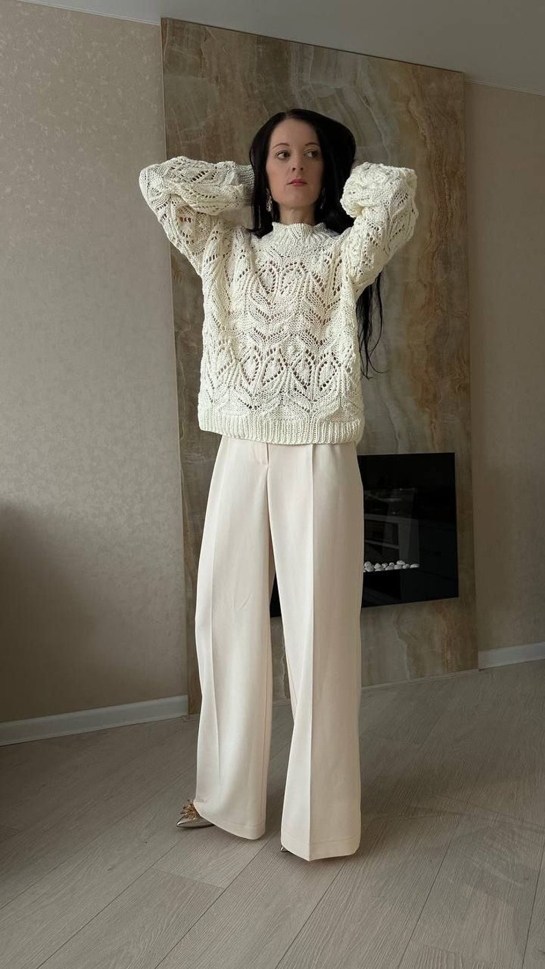 Chunky knit sweater cream Hand knit cotton sweater Knit lace sweater for women image 2