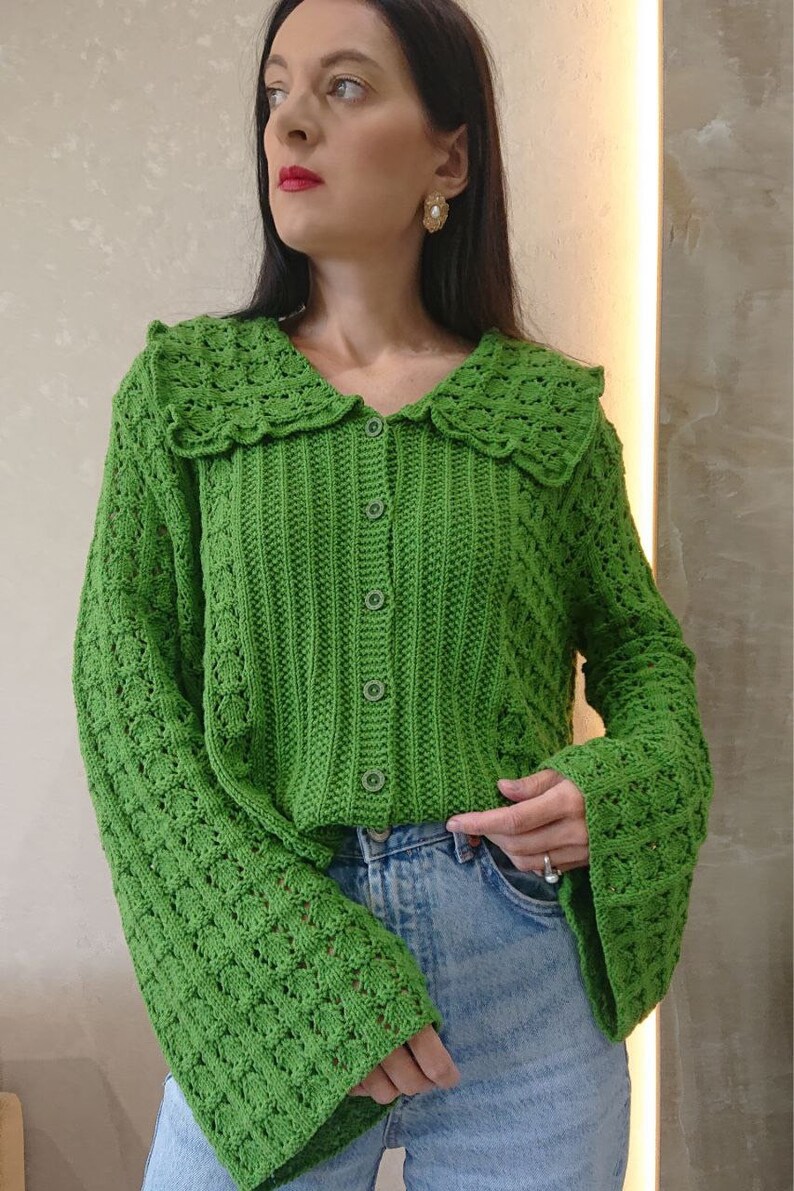 Cropped cotton cardigan Edwardian blouse Green knit cardigan image 3