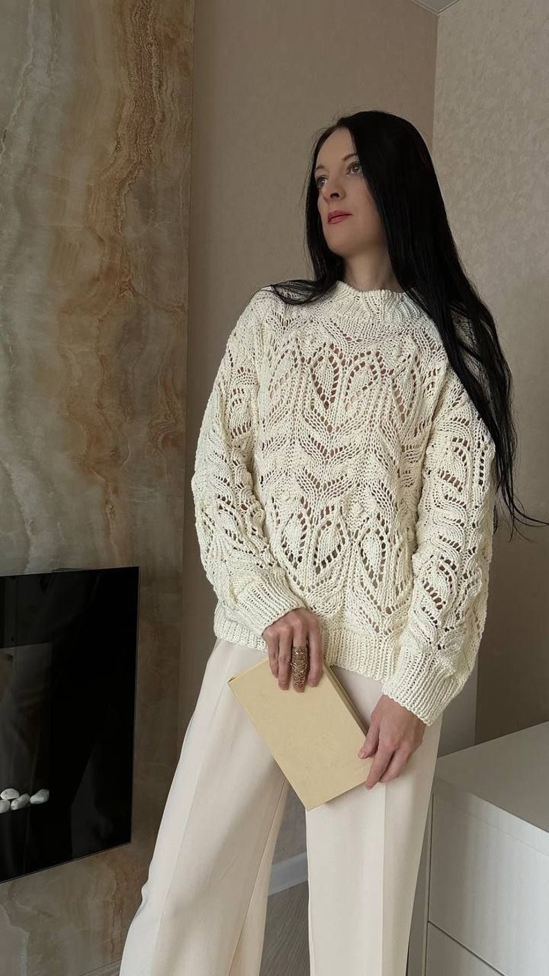 Chunky knit sweater cream Hand knit cotton sweater Knit lace sweater for women image 3