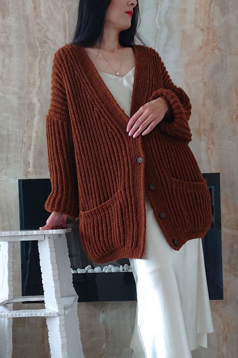 Mid length cardigan for women Chunky knit oversized cardigan Wool hand knit cardigan women image 1