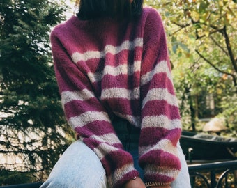 Striped knit sweater Alpaca sweater women Chunky oversized sweater