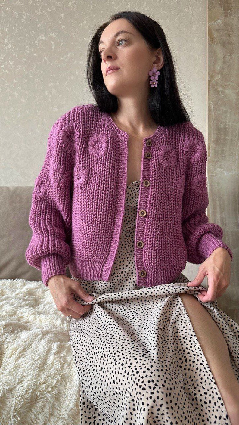 Embroidered cardigan crop Cropped cardigan pink Chunky knit wool cardigan for women image 7