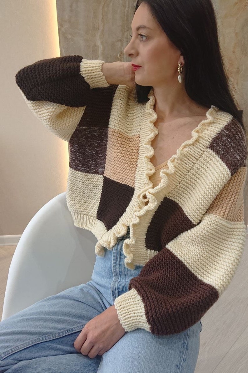 Oversized patchwork cardigan Cropped knit cardigan Chunky oversized cardigan for women image 1