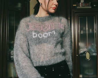 Cropped knit  sweater Hand embroidered sweater women Mohair sweater women