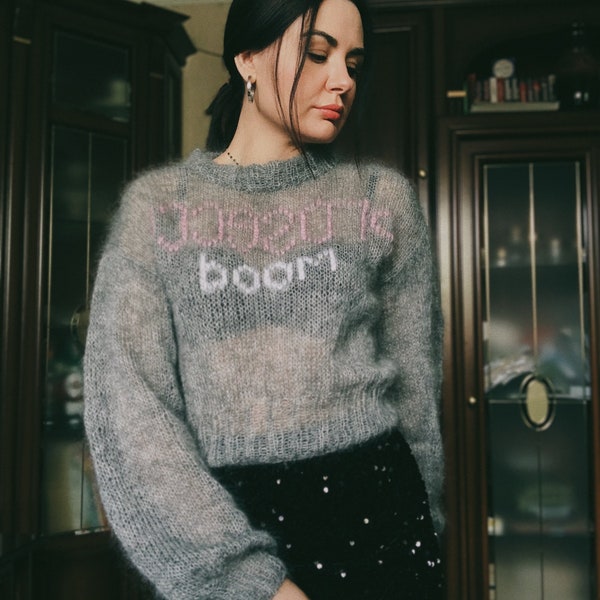 Cropped knit  sweater Hand embroidered sweater women Mohair sweater women