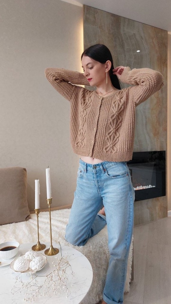 Aran wool cardigan Merino wool cardigan Cropped knit cardigan for women XXS