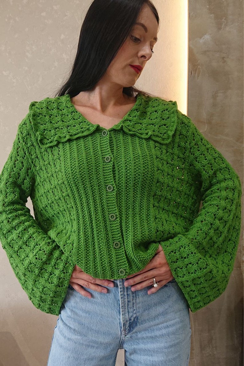 Cropped cotton cardigan Edwardian blouse Green knit cardigan image 6
