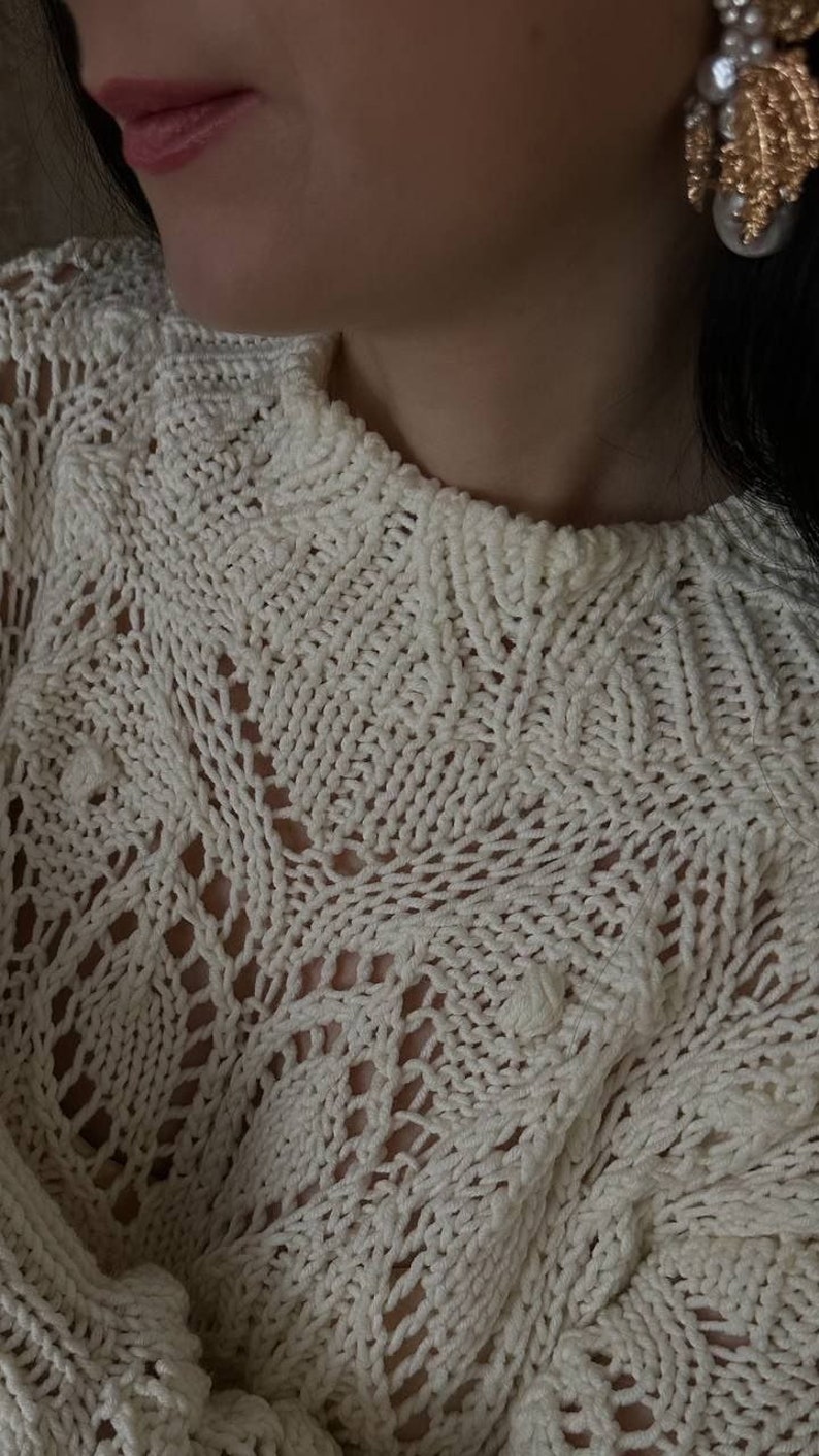 Chunky knit sweater cream Hand knit cotton sweater Knit lace sweater for women image 5