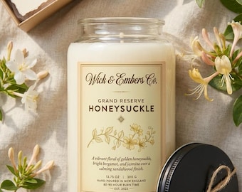 Honeysuckle Soy Candle, Large 13.75oz Hand-Poured Floral Candle, Grand Reserve, Jasmine Gift for Her, Clean Soy Wax, 90hr Burn