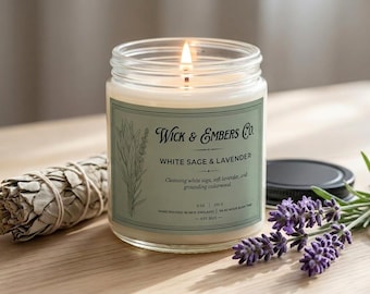 White Sage & Lavender Soy Candle, 9oz Hand-Poured Cleansing Candle, Sage Cedarwood Scent, Spa Gift for Her, Clean Soy Wax, 60hr Burn