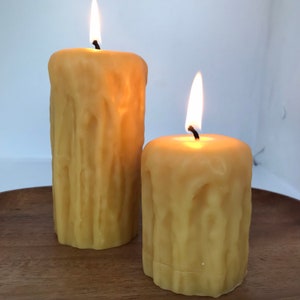 Set of 2 Rustic Drip Pillars 100% Pure Beeswax Candles 2.5" wide x 5" Local Canadian beeswax Slow burning. No fillers or additives