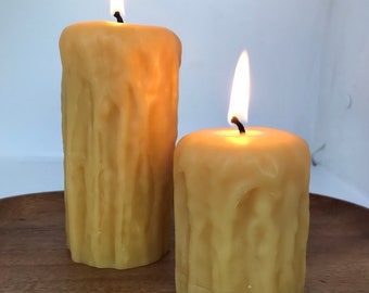 Set of 2 Rustic Drip Pillars 100% Pure Beeswax Candles 2.5" wide x 5" Local Canadian beeswax Slow burning. No fillers or additives