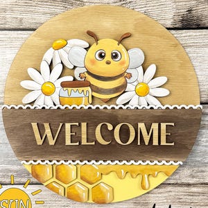Complemento de abeja para letrero redondo intercambiable SVG / Inserto para colgador de puerta de bienvenida con abeja melífera / Archivo de corte láser de panal de margarita