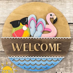 Summer Beach Add-On for Interchangeable Round Sign SVG | Flip Flops Flamingo Beach Ball Door Hanger Insert | Summer Pool Laser Cut File
