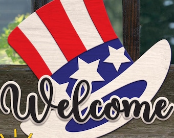 4th of July Door Hanger SVG | Patriotic Hat Welcome Sign Laser Cut File | Independence Day Patriotic Decor SVG