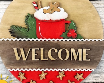 Christmas Door sign SVG Round Interchangeable Door Sign Insert | Hot Cocoa Mug svg | Gingerbread Cookie | Layered Laser Cut File