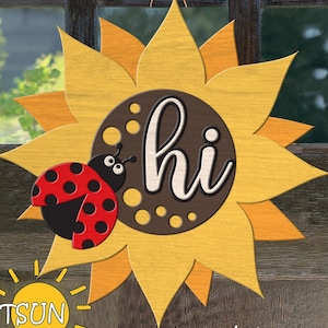 ひまわりのドアハンガーSVG | てんとう虫の夏のデコレーションSVG | 夏のウェルカムサインSVG | Glowforge SVG | 玄関ドア装飾用レーザーカットファイル