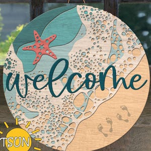 Cartello di benvenuto a tema onde marine per la spiaggia (file SVG) / File per taglio laser per decorazioni da spiaggia