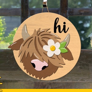 Highland cow door hanger SVG Highland cow svg Cow face svg Welcome sign SVG Welcome door hanger svg Glowforge SVG Laser cut file