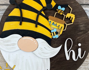 Gnome Door Hanger SVG | Bee & Honey Welcome Sign | Interchangeable Laser Cut File