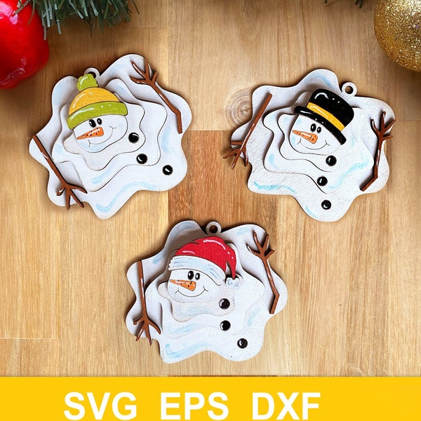 Ornement de Noël bonhomme de neige fondu ornement bonhomme de neige svg ornement de Noël svg fichier découpé au laser Glowforge svg