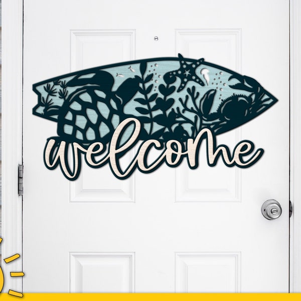 Surfboard Welcome sign SVG Door hanger svg Sea turtle svg Beach house door decor Glowforge svg laser cut file
