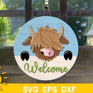 Highland cow door hanger svg Cute cow SVG Farmhouse welcome sign svg Glowforge svg Laser cut file Cricut svg