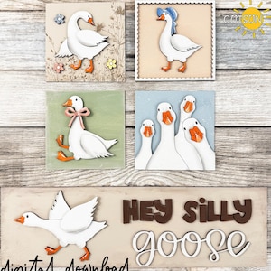 Könnte beinhalten: Eine Sammlung von Kunstwerken zum Thema Gans. Die Kunstwerke zeigen weiße Gänse mit orangefarbenen Schnäbeln und Füßen, einige mit Schleifen oder Hüten. Der Satz "HEY SILLY GOOSE" wird darunter zusammen mit den Worten "DIGITAL DOWNLOAD" angezeigt.