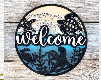 Sea life Beach door hanger SVG Beach welcome sign Glowforge svg Laser cut file