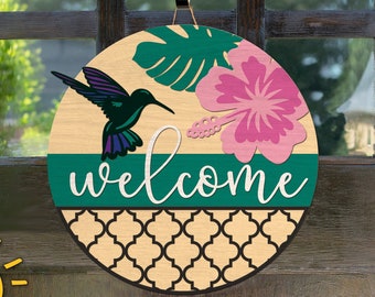 Hummingbird Door hanger SVG Tropical welcome sign Glowforge SVG laser cut file