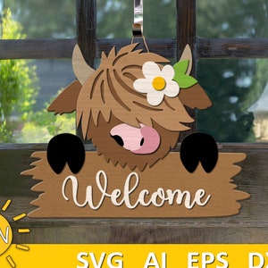 Cute Highland cow svg door hanger SVG Farmhouse door hanger svg Highland cow svg Glowforge SVG Laser cut file