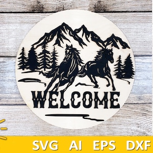 Accroche-porte chevaux de course SVG Chevaux sauvages signe de bienvenue SVG Accroche-porte de ferme SVG Glowforge SVG Fichier découpé au laser Cricut SVG Silhouette SVG