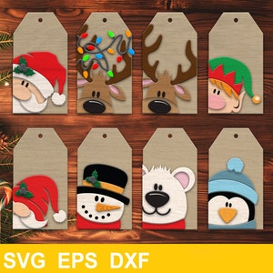 May include: Eight Christmas gift tags with different holiday characters. The tags are brown with white borders and feature a Santa, reindeer, snowman, polar bear, penguin, and elf.