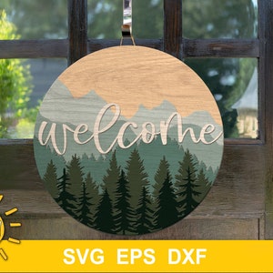 Mountains round door hanger SVG | Woods round door hanger SVG | Laser cut file