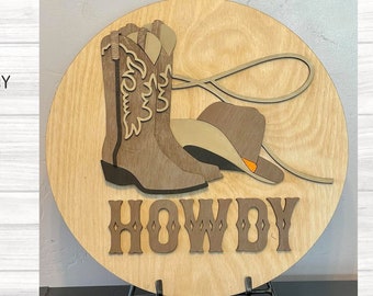 Bonjour affichette de porte SVG | Affichette de porte Western SVG | Cowboy boots porte signe SVG découpé au laser fichier