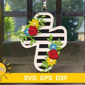 Bloemen kruis deurhanger SVG | Easter Cross Deurhanger SVG | Glowforge-SVG | Lasergesneden bestand | Cricut-svg | Silhouet-svg