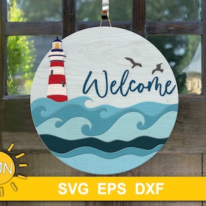 Appendiabiti per porta della casa sulla spiaggia in formato SVG Segnale di benvenuto del faro con onde e uccelli Glowforge in formato SVG File tagliato al laser