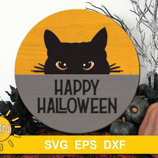 Cat Door hanger SVG Halloween door hanger SVG Happy Halloween svg Glowforge svg Laser cut files