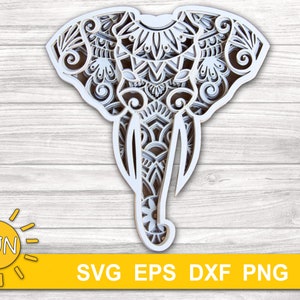 Arquivo de corte de 5 camadas de Mandala de cabeça de elefante em camadas 3D SVG | Glowforge svg | Corte a laser em camadas dxf svg eps