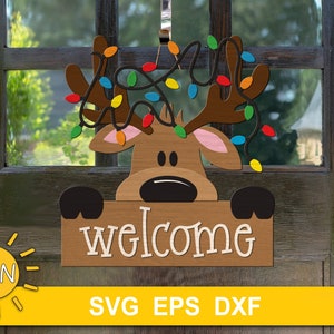 Reindeer head decorated with Christmas lights peeking behind a sign with the word Welcome. A digital download that can be used with Glowforge or other laser cutters. There is a version suitable for Cricut / Silhouette or other craft cutting machines.