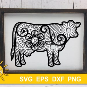 3D Layered Cow Mandala SVG file | 3D layered DXF laser cut | Glowforge SVG | Commercial use Glowforge | Cricut | Silhouette