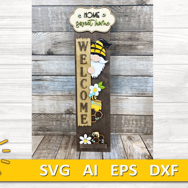 Honey Bee porch sign add-on with a free Interchangeable Porch leaner SVG Gnome vertical porch sign SVG Summer porch decor Laser cut file