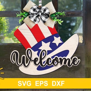 4. Juli Türschild SVG | Hut und Hut-Willkommens-Schild | Vierter Juli Türschild | Vaterländischer Dekor | Unabhängigkeitstag svg |