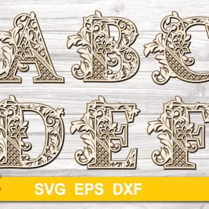 Mandala en capas con alfabeto 3D de la A a la Z, 26 letras, 3 capas / Glowforge SVG / Plantilla cortada con láser DXF SVG eps