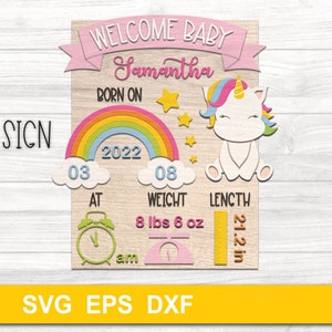 Letrero de estadísticas de bebé SVG / Cuadro de anuncio de bebé SVG / Cuadro de estadísticas de bebé Unicornio svg / Glowforge SVG / Archivo cortado con láser