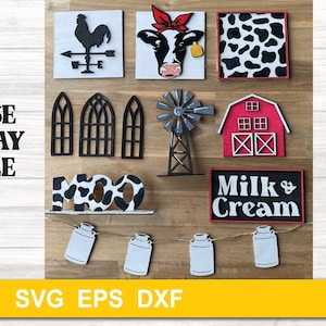 Décor de plateau de ferme à plusieurs niveaux SVG avec une grange, une vache, un moulin à vent, une essoreuse à vent et des bidons de lait Glowforge SVG Fichiers découpés au laser