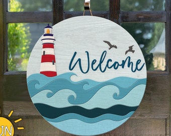 Beach house door hanger svg Lighthouse welcome sign with waves and birds Glowforge svg Laser cut file